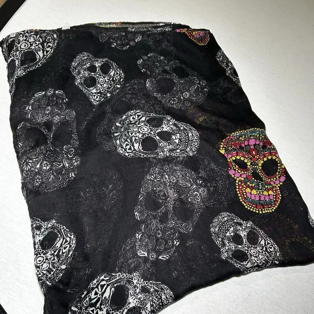 Dia De Los Muertos Sugar Skulls Scarf in Black White And Multi Color, Whimsigoth
